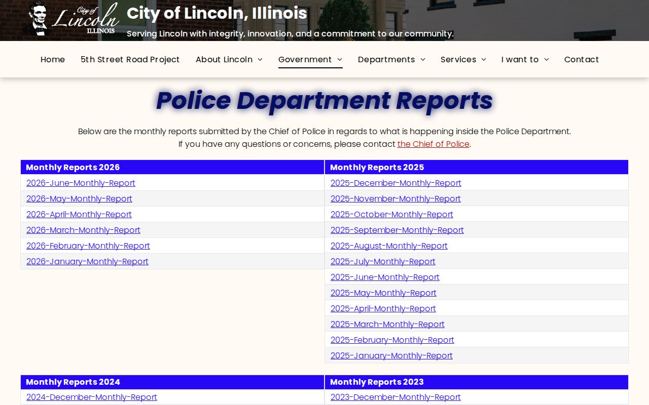 Lincoln Police monthly reports official webpage