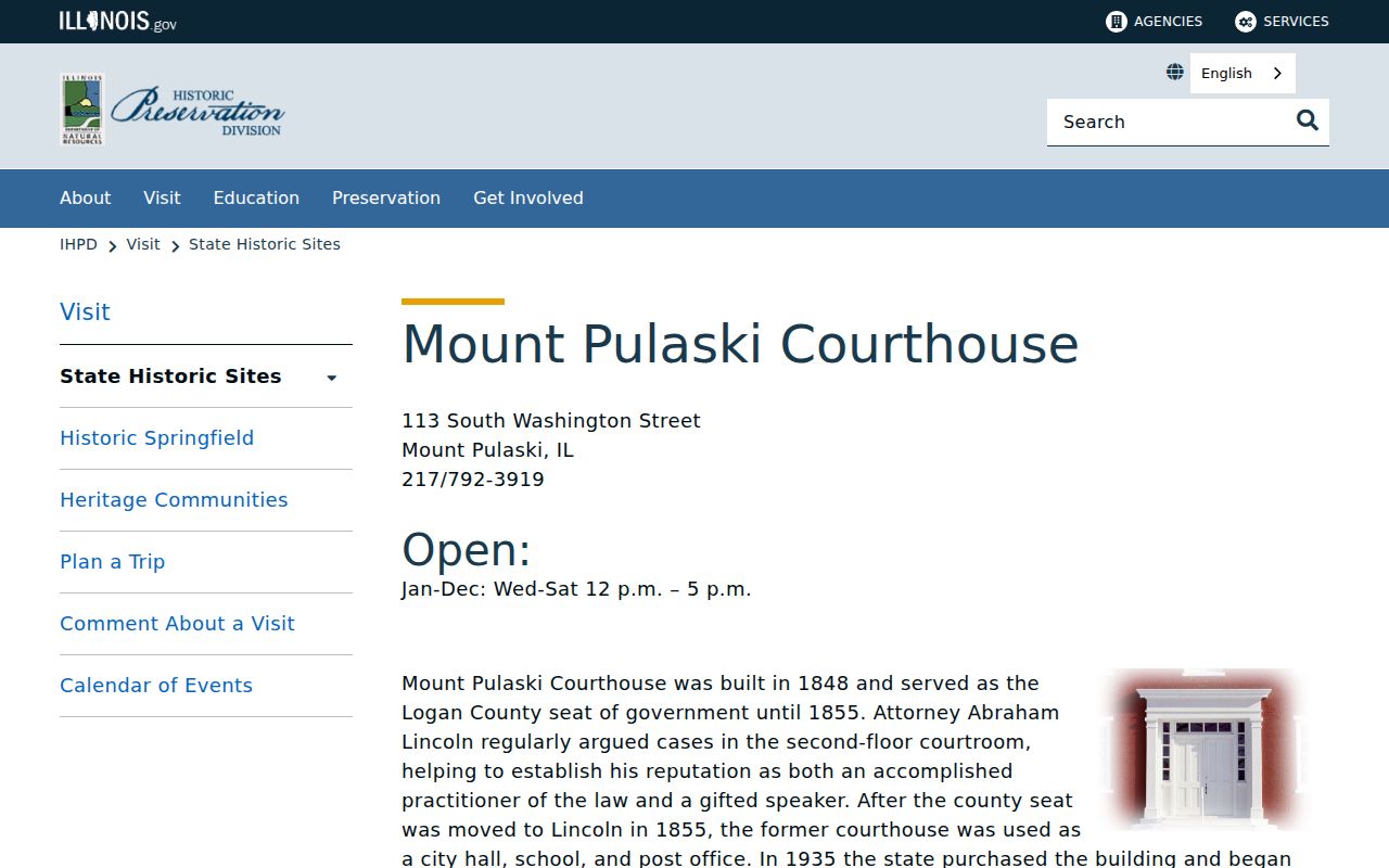 Official Mount Pulaski Courthouse State Historic Site webpage